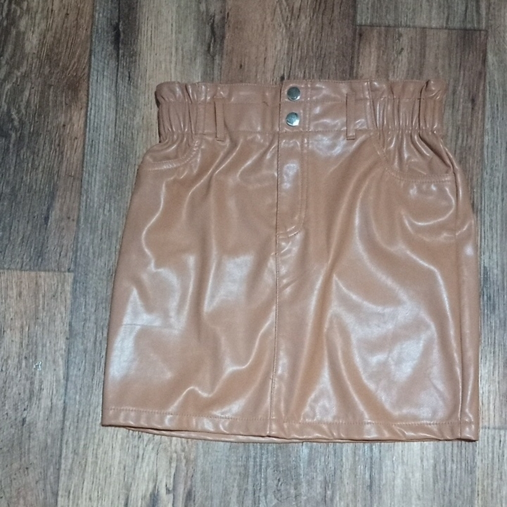 Tan Paper Bag Waist Faux Leather Mini Neutral Skirt